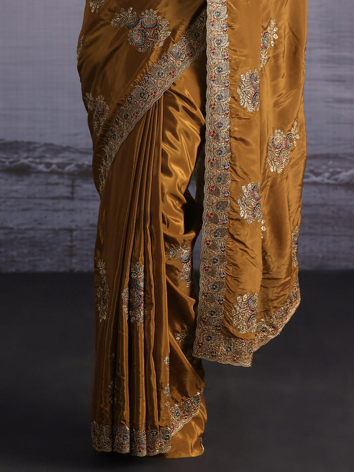 Libas Sepia Brown Floral Embroidered Satin Saree