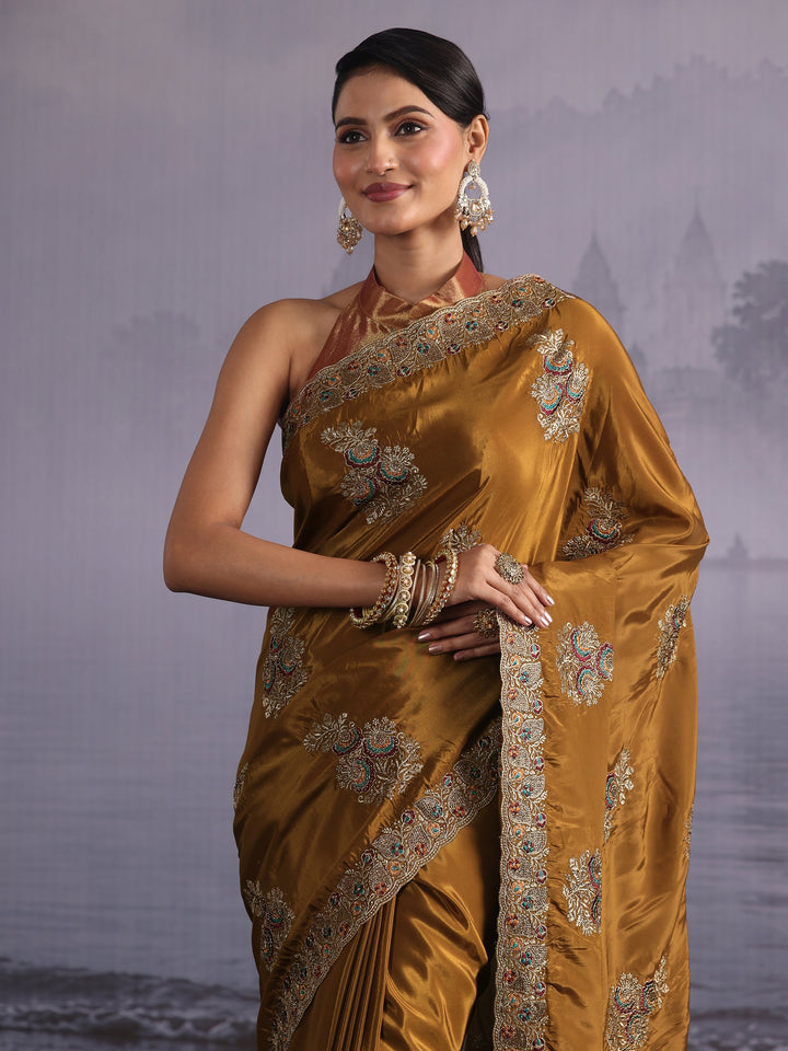 Libas Sepia Brown Floral Embroidered Satin Saree