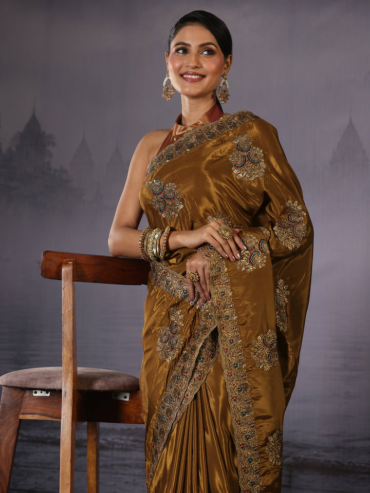 Libas Sepia Brown Floral Embroidered Satin Saree