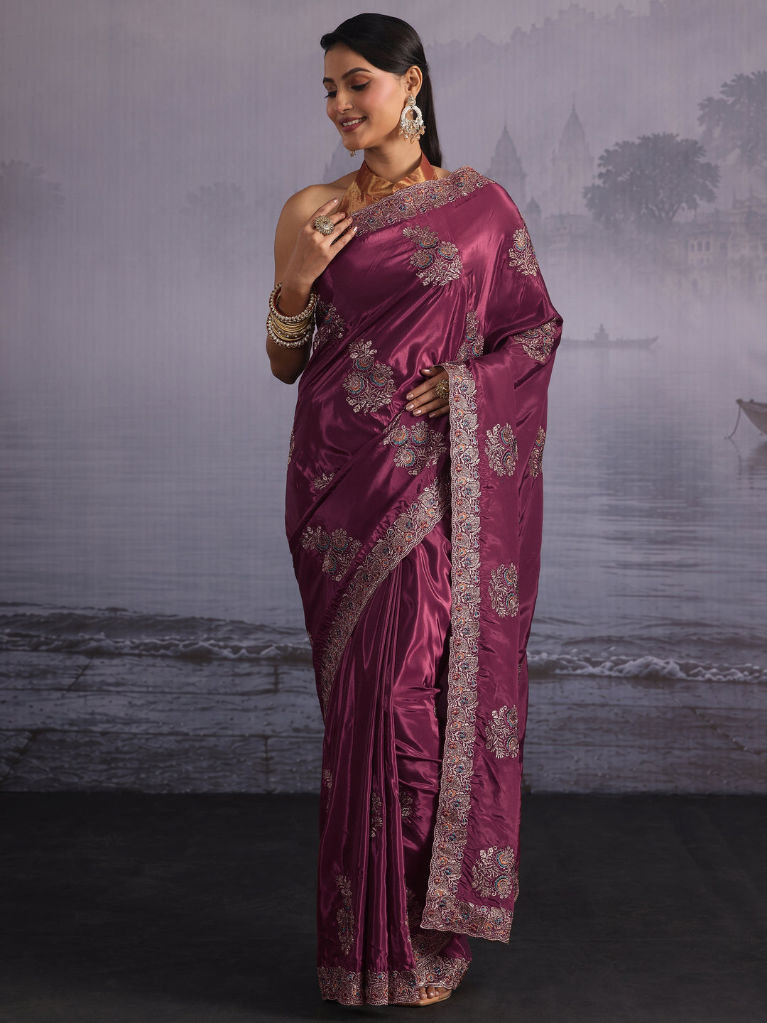 Libas Mauve Floral Embroidered Satin Saree