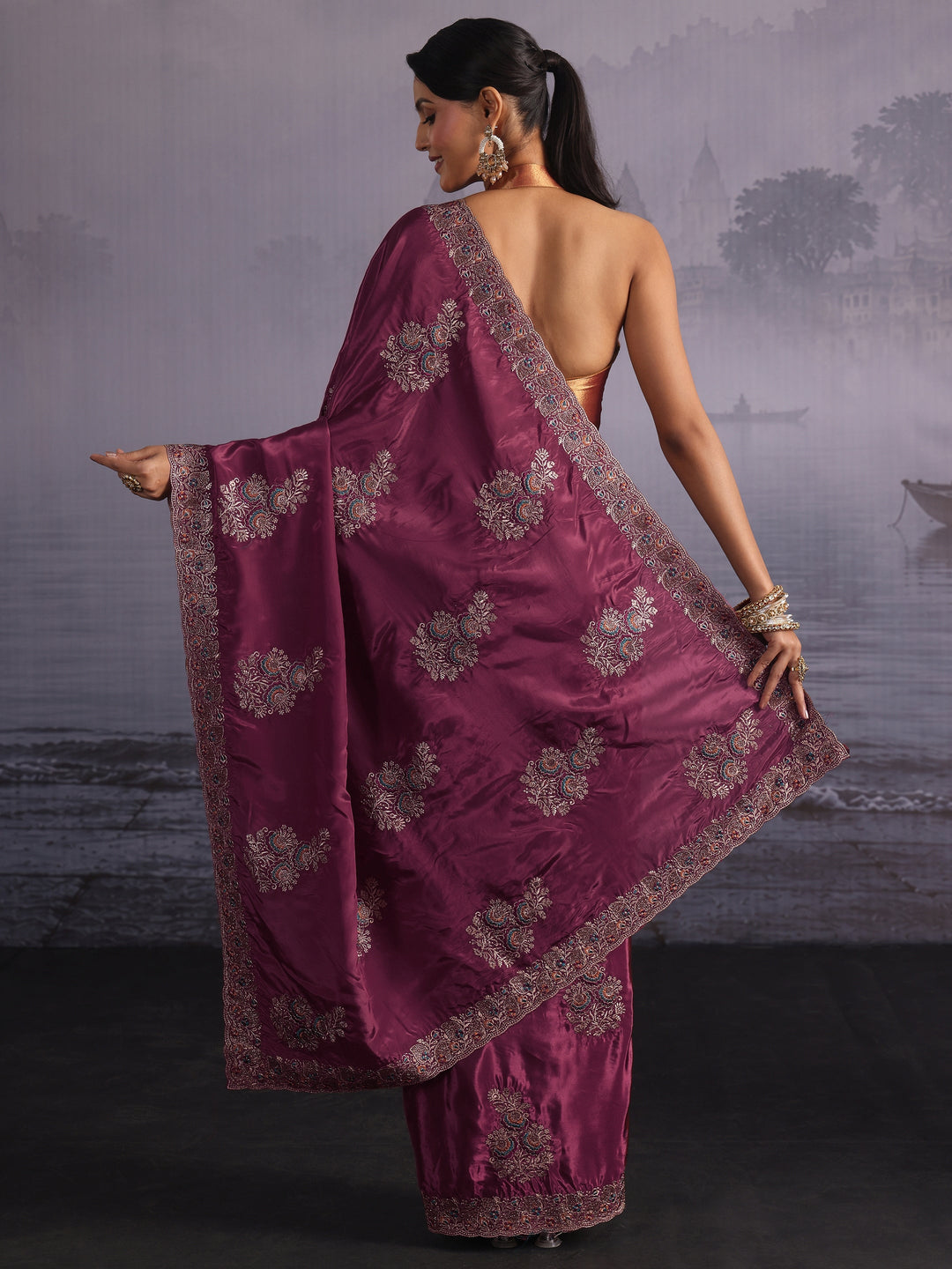 Libas Mauve Floral Embroidered Satin Saree