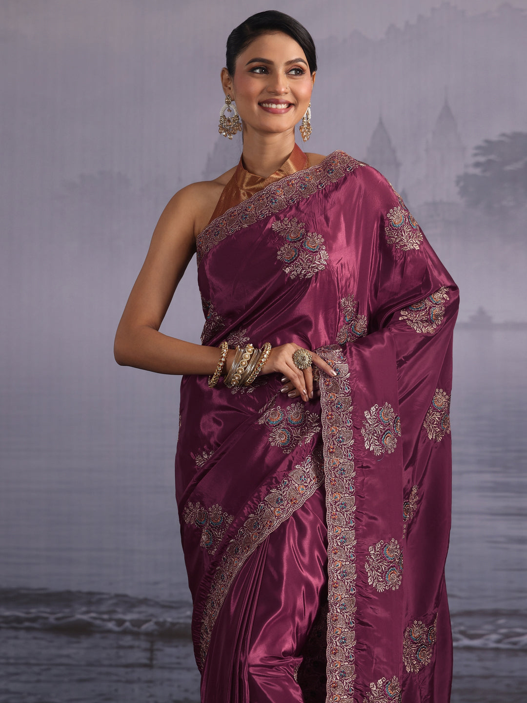 Libas Mauve Floral Embroidered Satin Saree