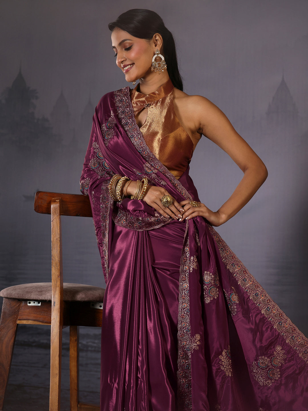 Libas Mauve Floral Embroidered Satin Saree