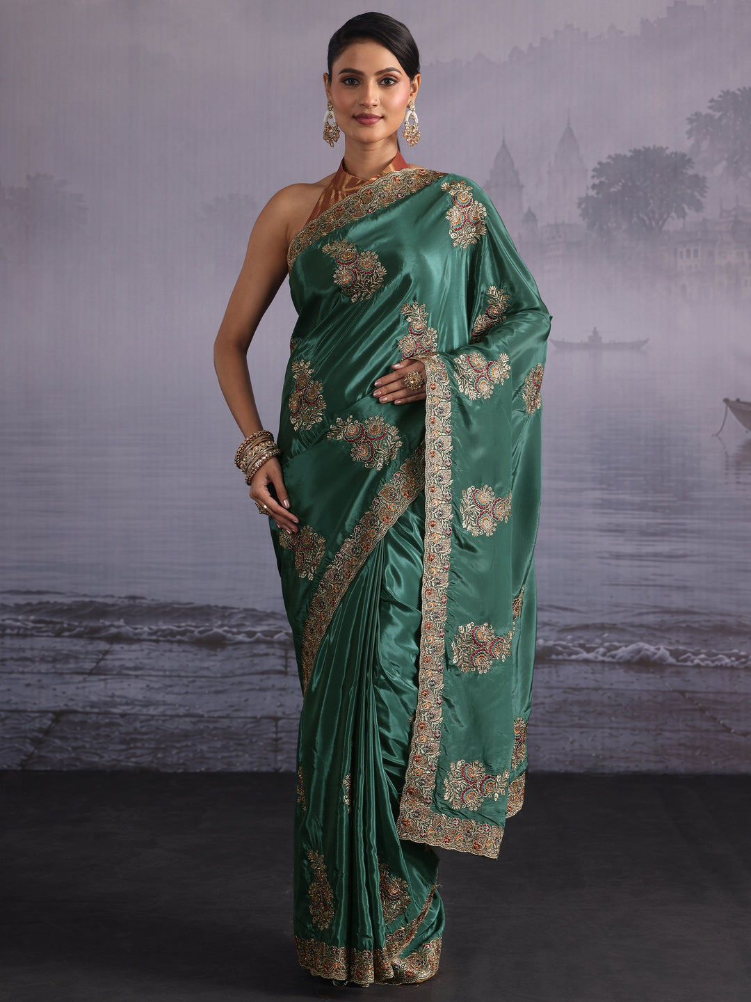 Libas Green Floral Embroidered Satin Saree