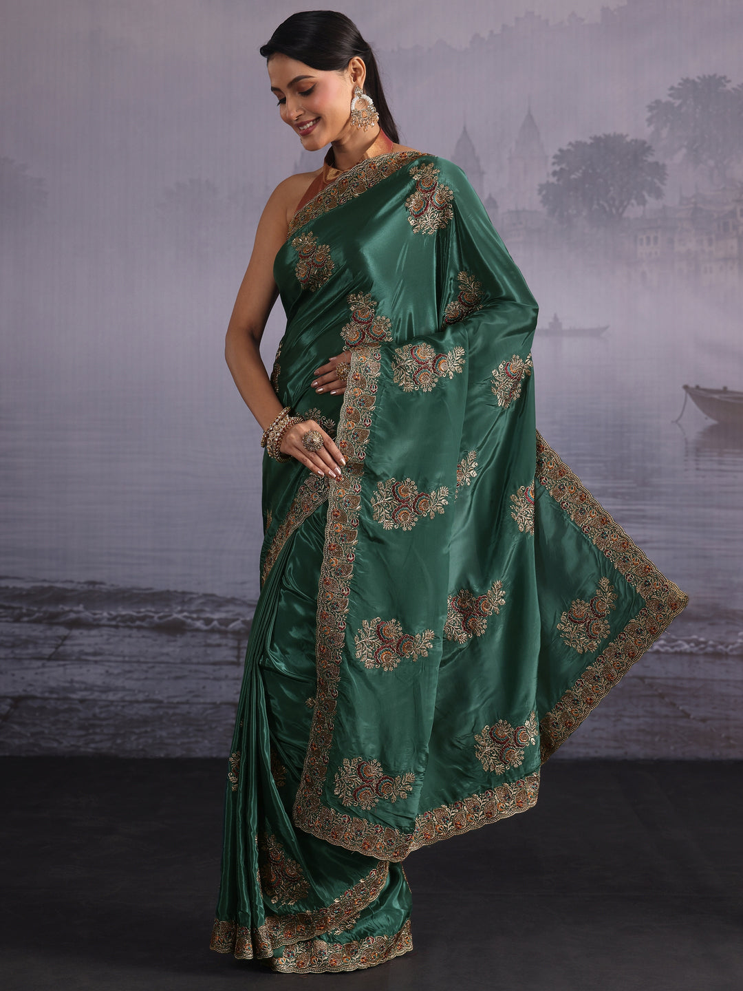 Libas Green Floral Embroidered Satin Saree