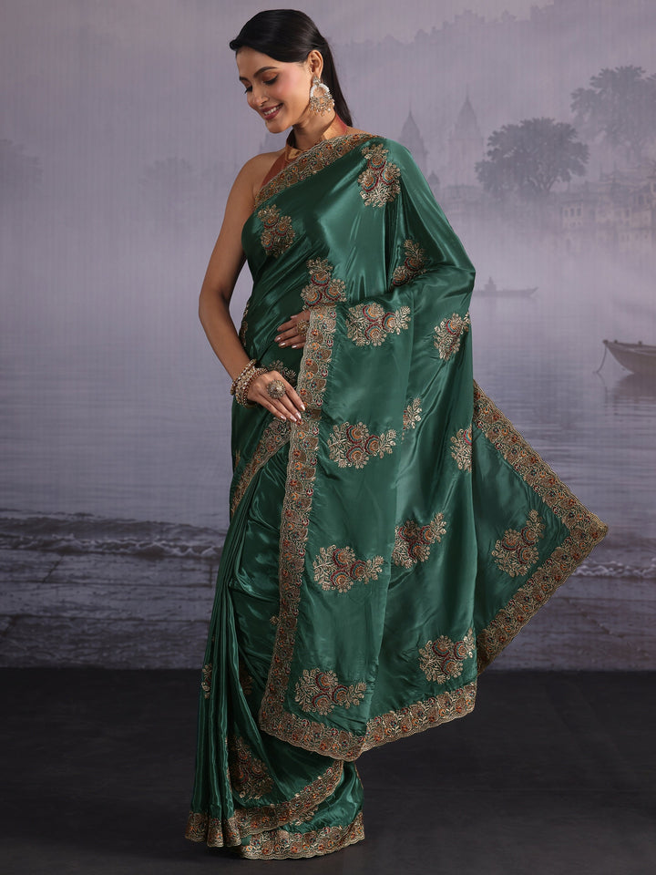 Libas Green Floral Embroidered Satin Saree