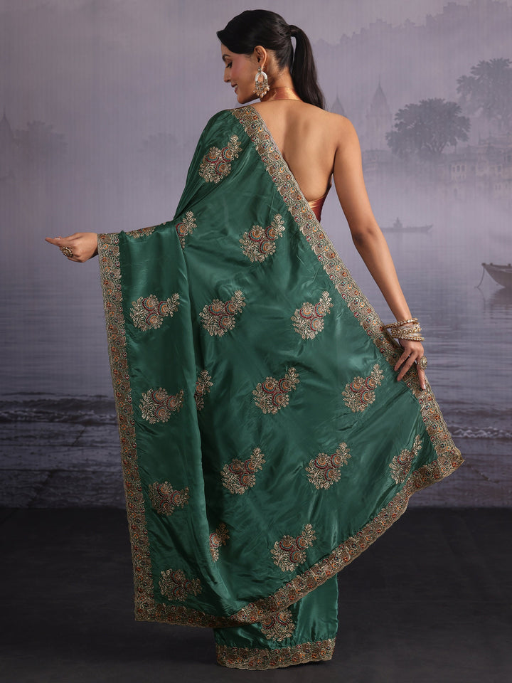Libas Green Floral Embroidered Satin Saree