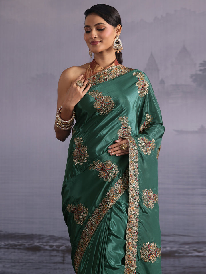 Libas Green Floral Embroidered Satin Saree