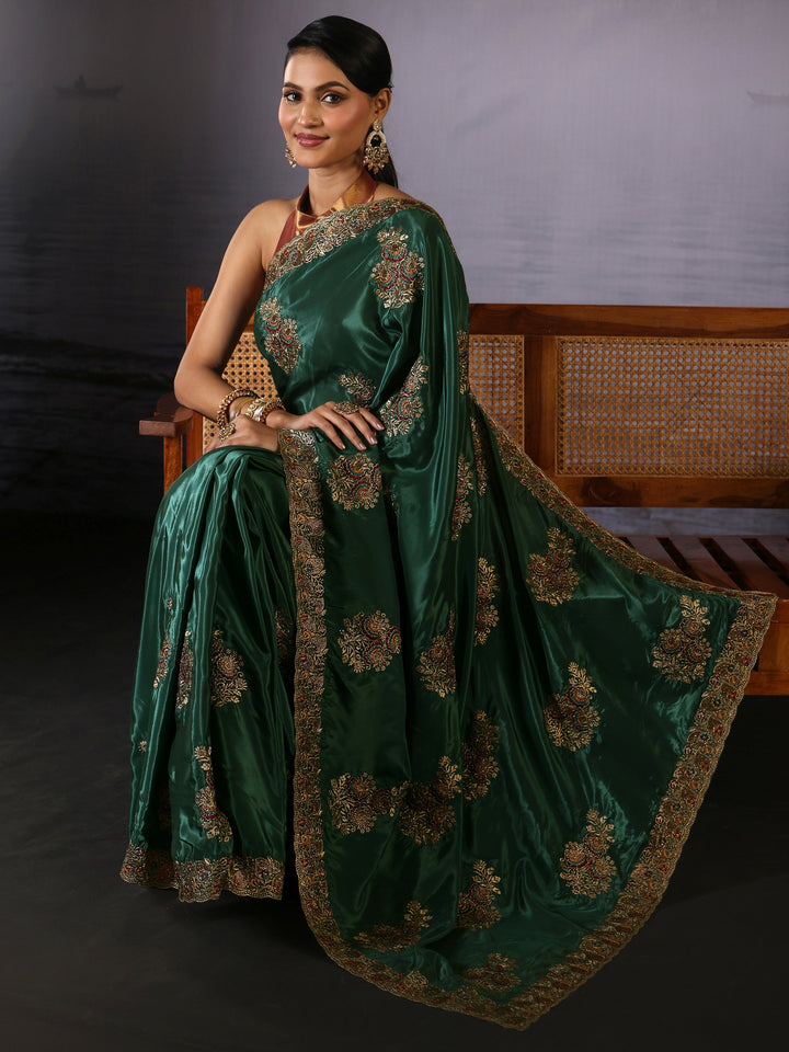 Libas Green Floral Embroidered Satin Saree