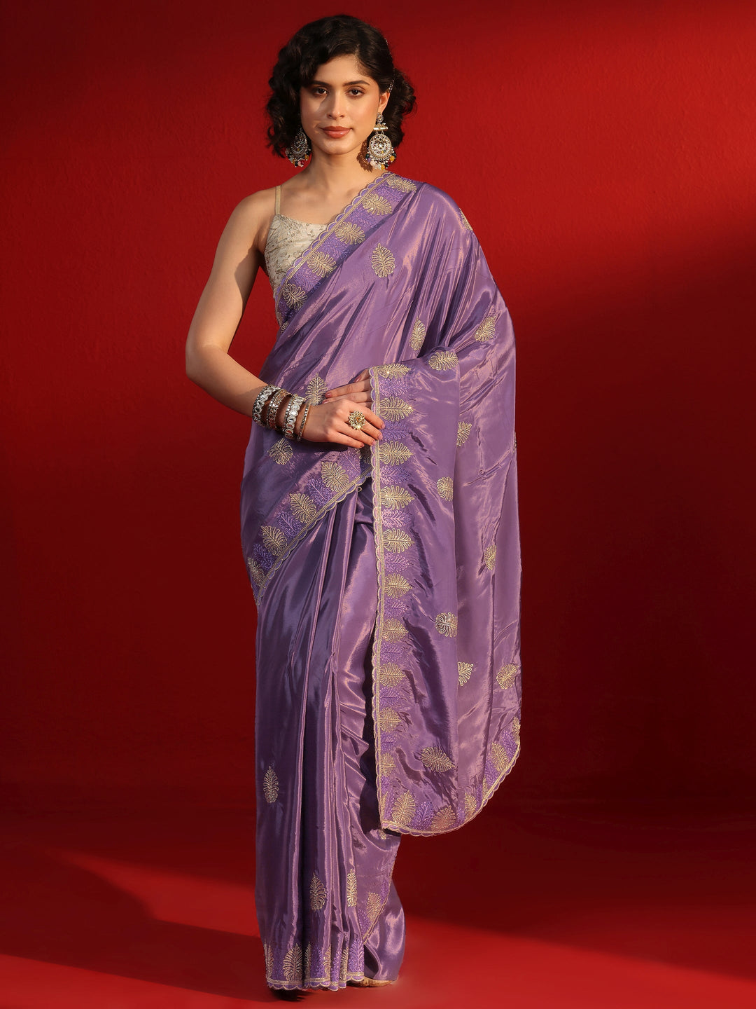 Libas Purple Floral Stone Work Embellished Satin Saree