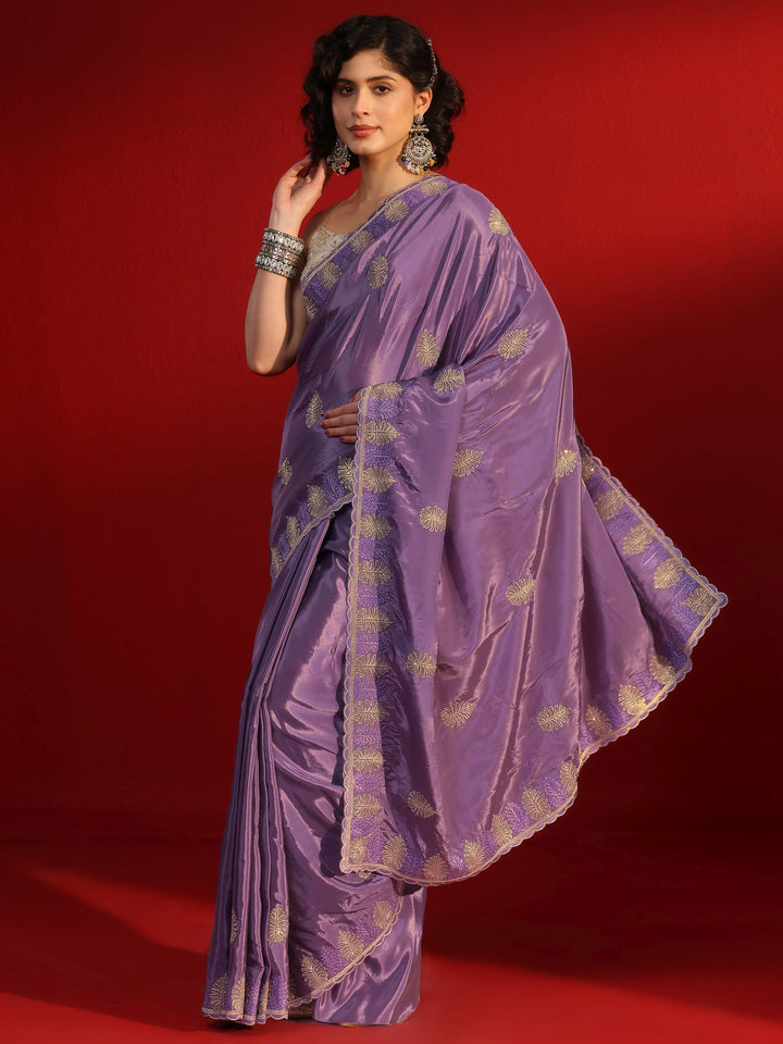Libas Purple Floral Stone Work Embellished Satin Saree