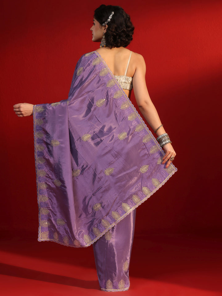 Libas Purple Floral Stone Work Embellished Satin Saree