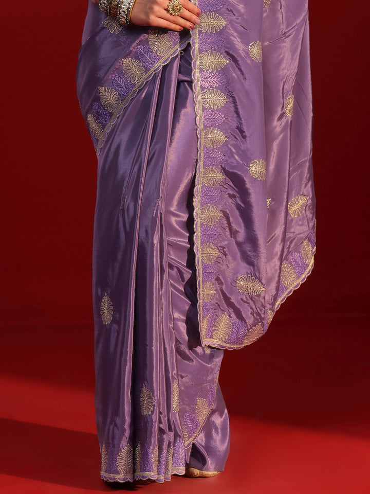 Libas Purple Floral Stone Work Embellished Satin Saree