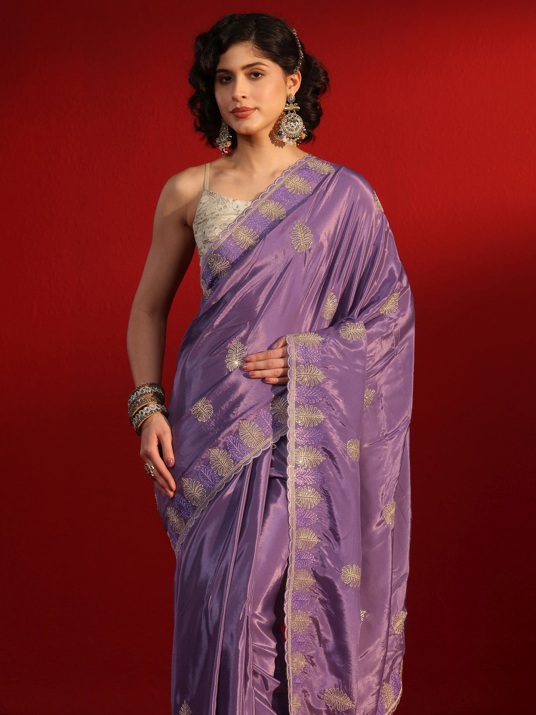 Libas Purple Floral Stone Work Embellished Satin Saree