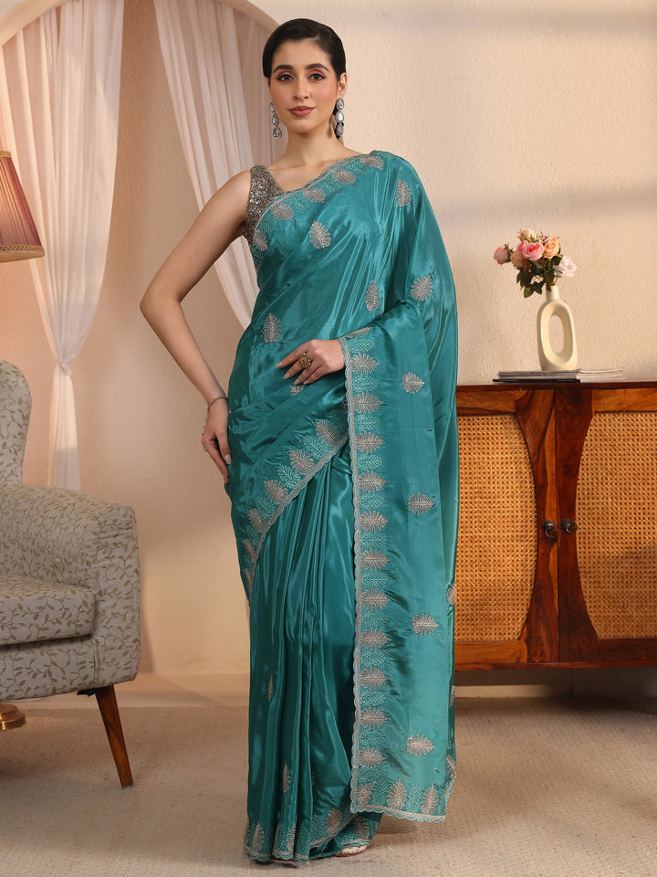 Libas Blue Floral Stone Work Embellished Satin Saree with Scalloped Border