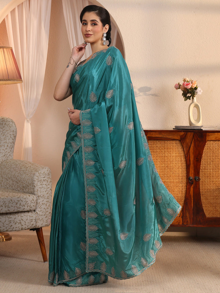 Libas Blue Floral Stone Work Embellished Satin Saree with Scalloped Border