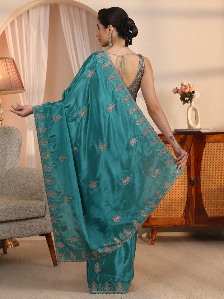 Libas Blue Floral Stone Work Embellished Satin Saree with Scalloped Border