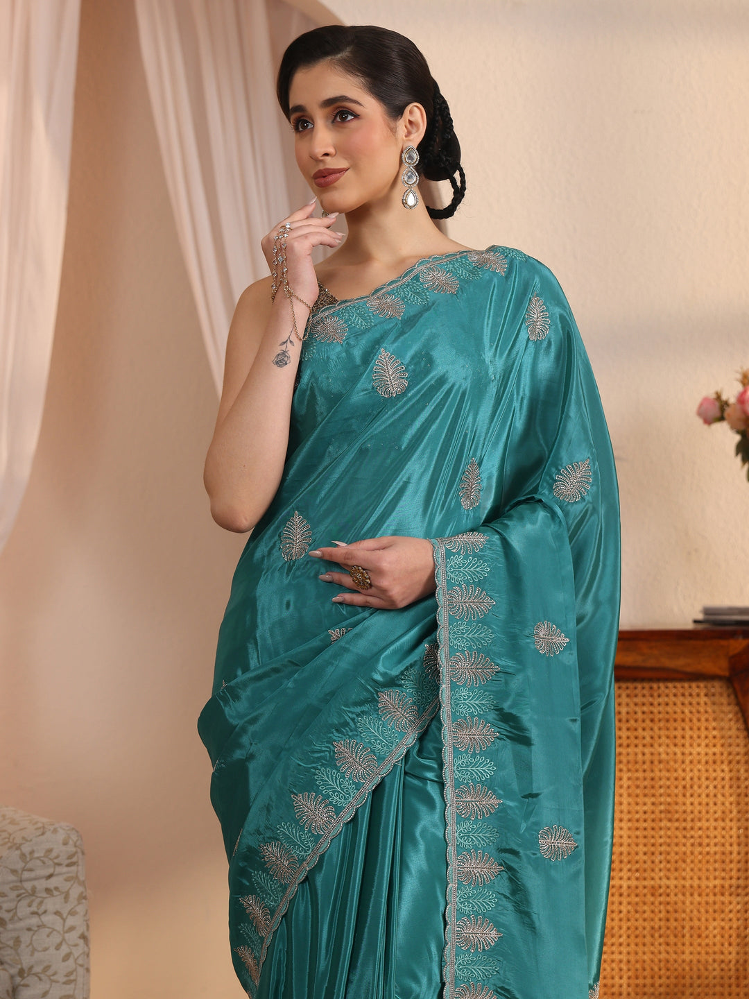 Libas Blue Floral Stone Work Embellished Satin Saree with Scalloped Border