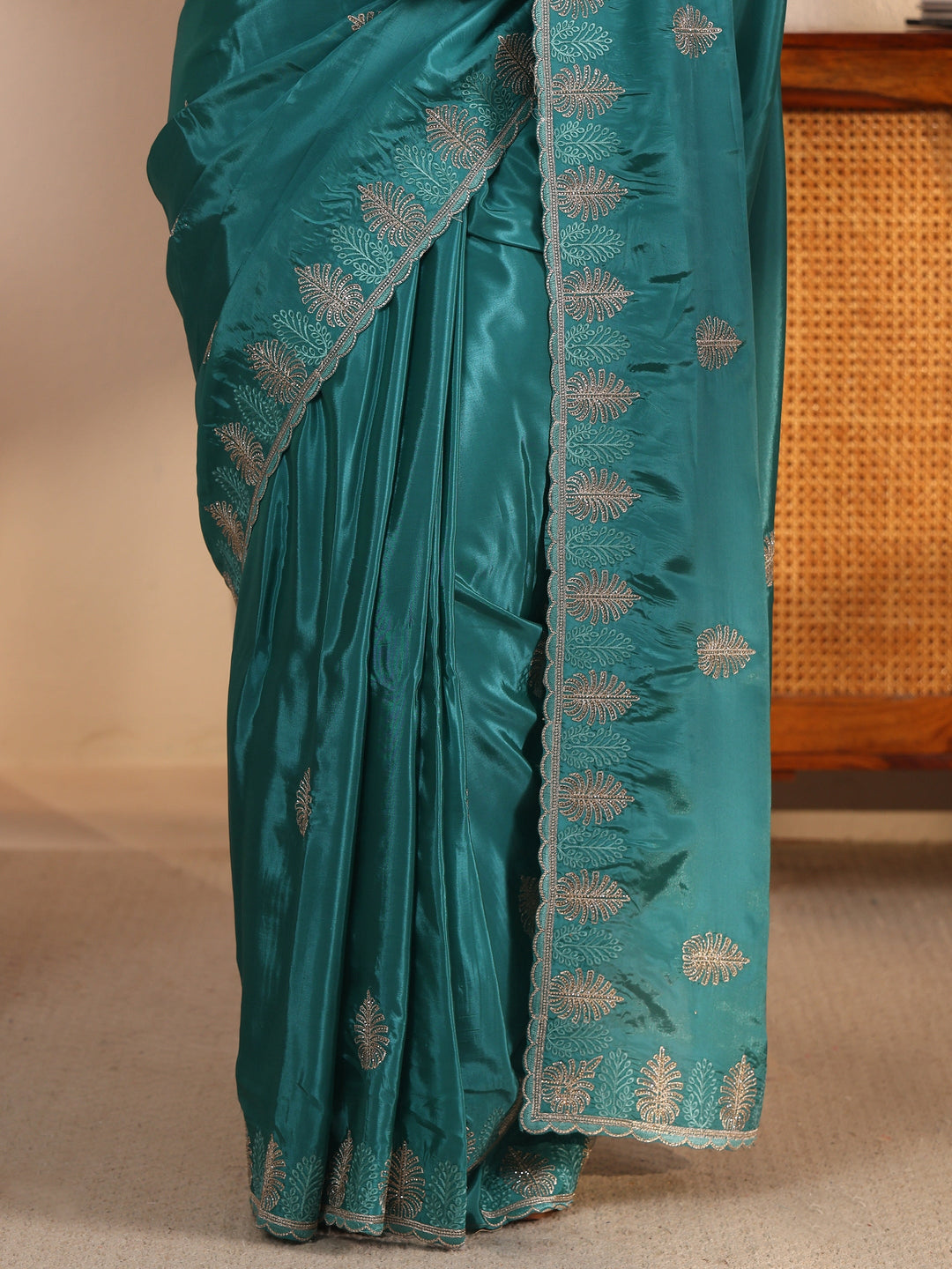 Libas Blue Floral Stone Work Embellished Satin Saree with Scalloped Border