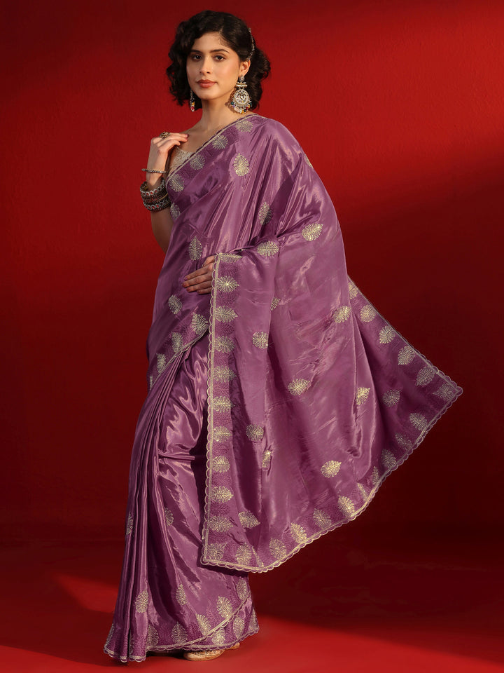Libas Lavender Floral Stone Work Embellished Satin Saree