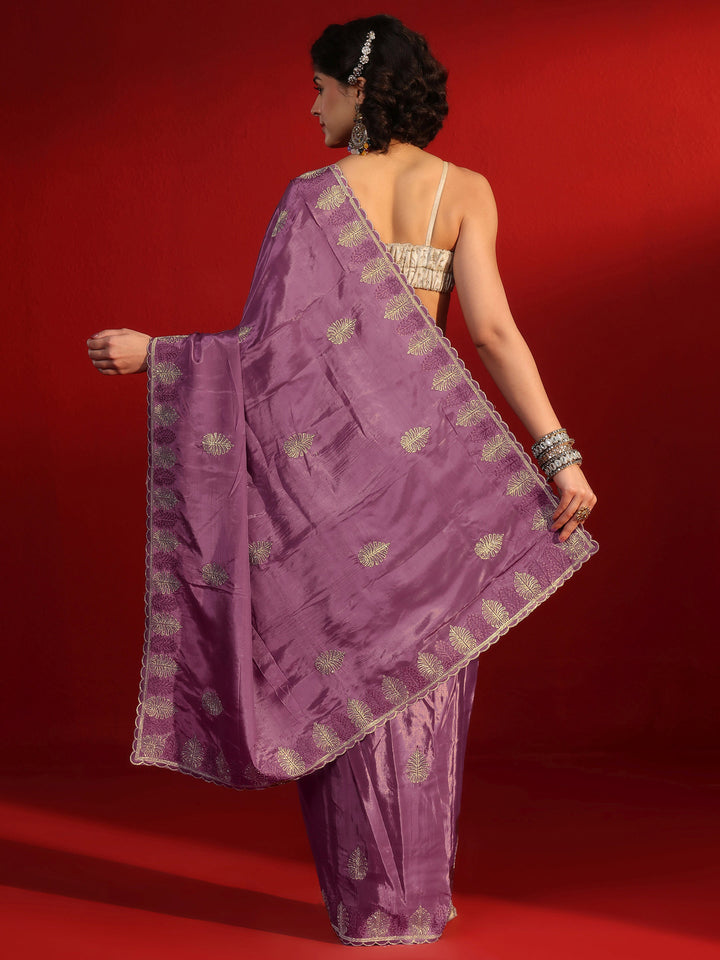 Libas Lavender Floral Stone Work Embellished Satin Saree