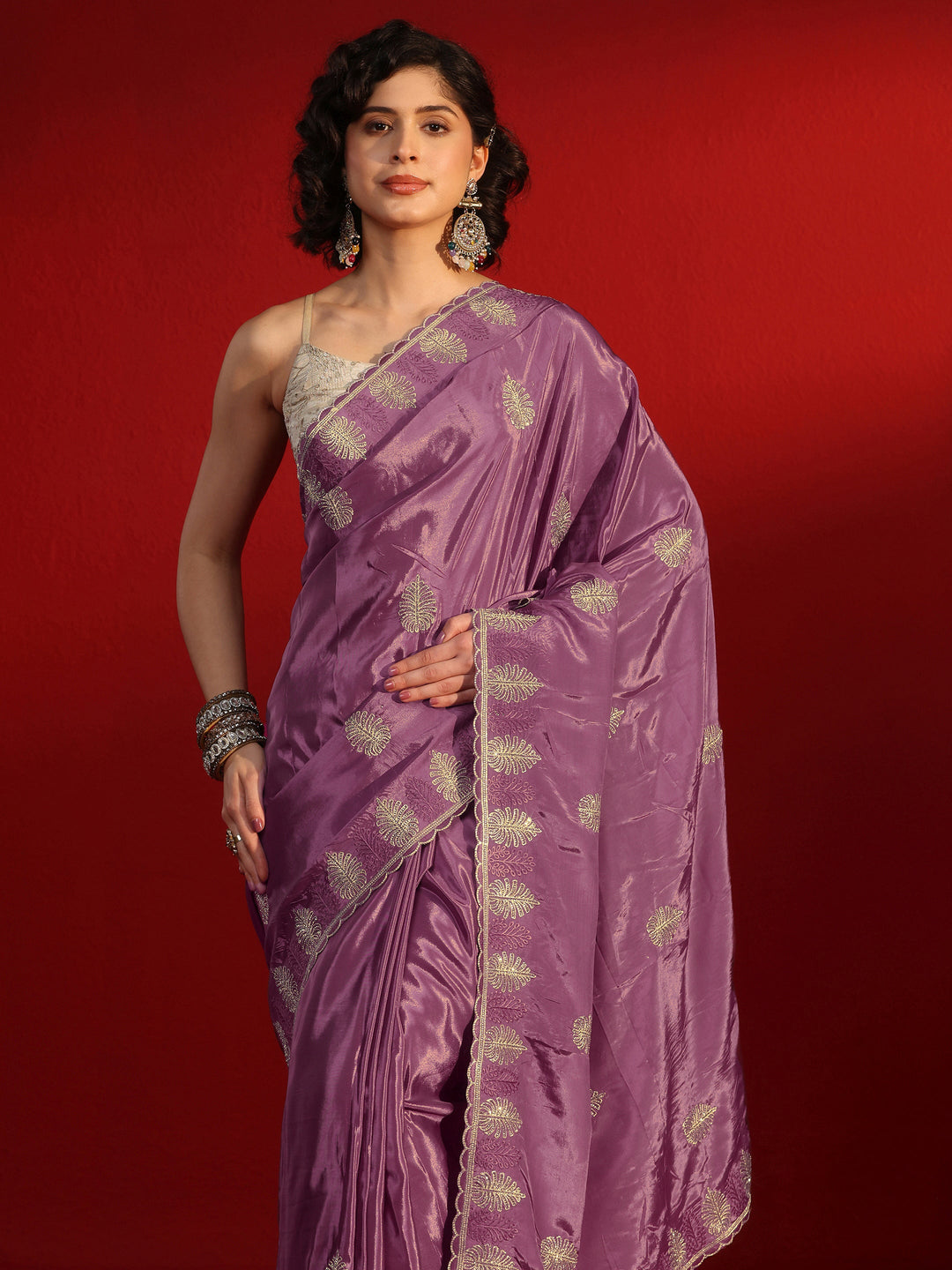 Libas Lavender Floral Stone Work Embellished Satin Saree