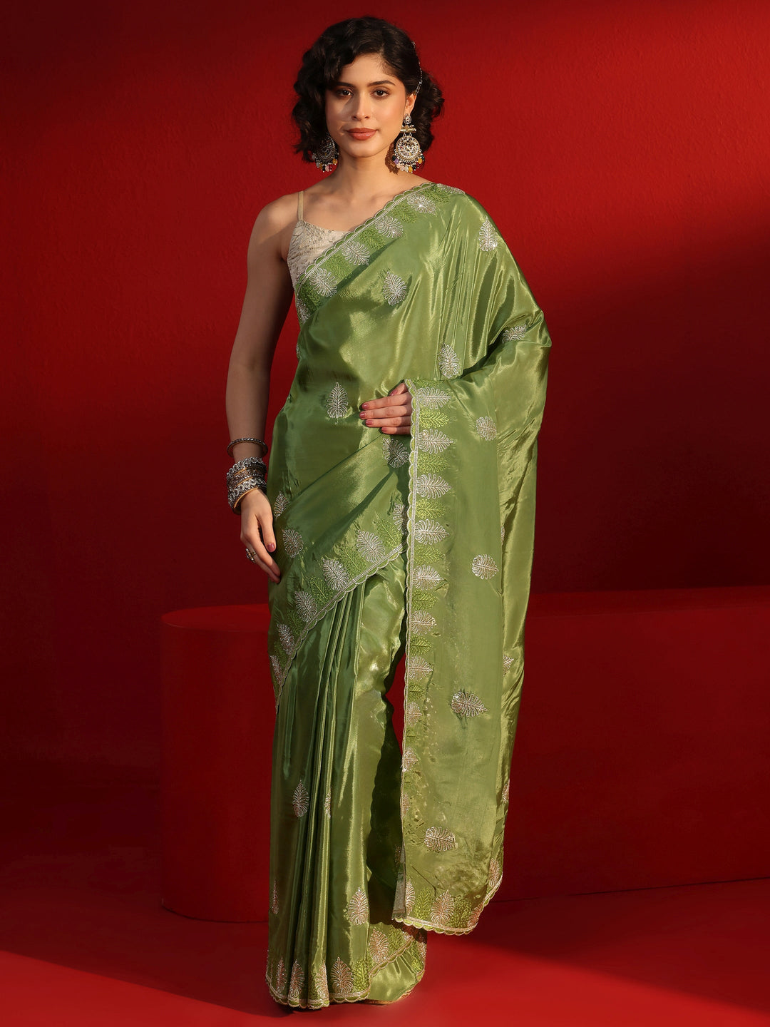 Libas Green Floral Stone Work Embellished Satin Saree