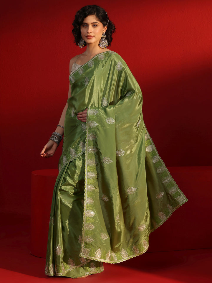 Libas Green Floral Stone Work Embellished Satin Saree