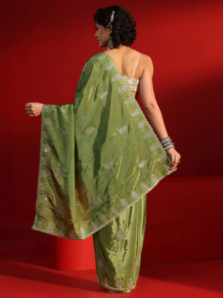 Libas Green Floral Stone Work Embellished Satin Saree