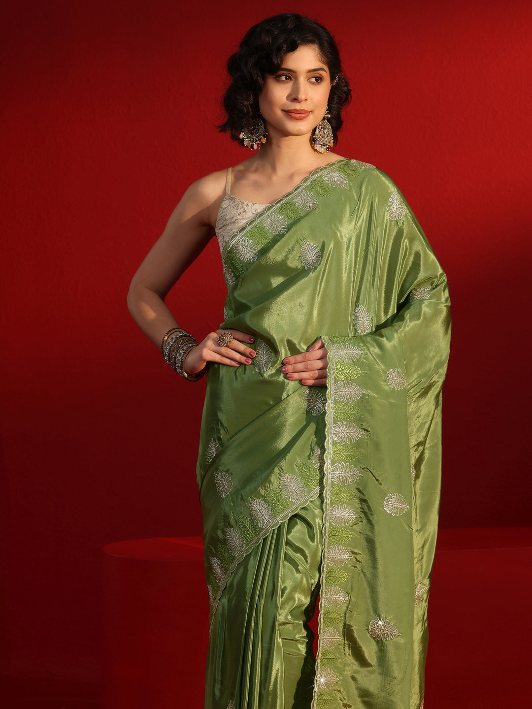 Libas Green Floral Stone Work Embellished Satin Saree