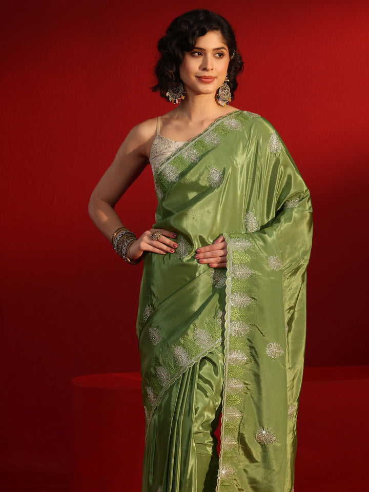 Libas Green Floral Stone Work Embellished Satin Saree