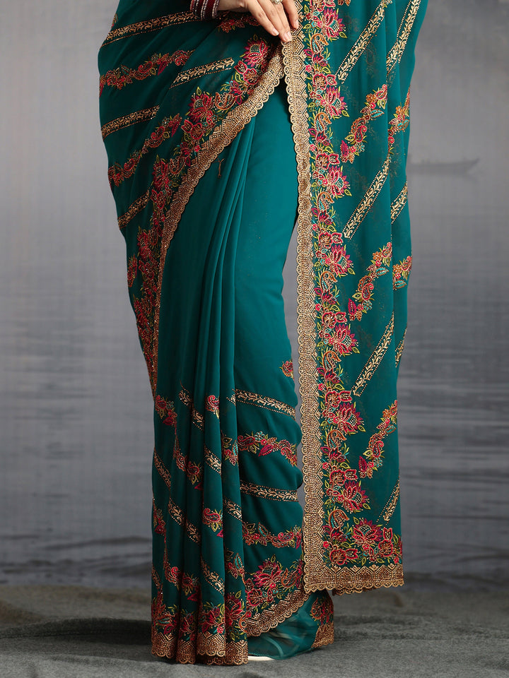 Libas Art Teal Green Floral Embroidered Stone Work Georgette Saree
