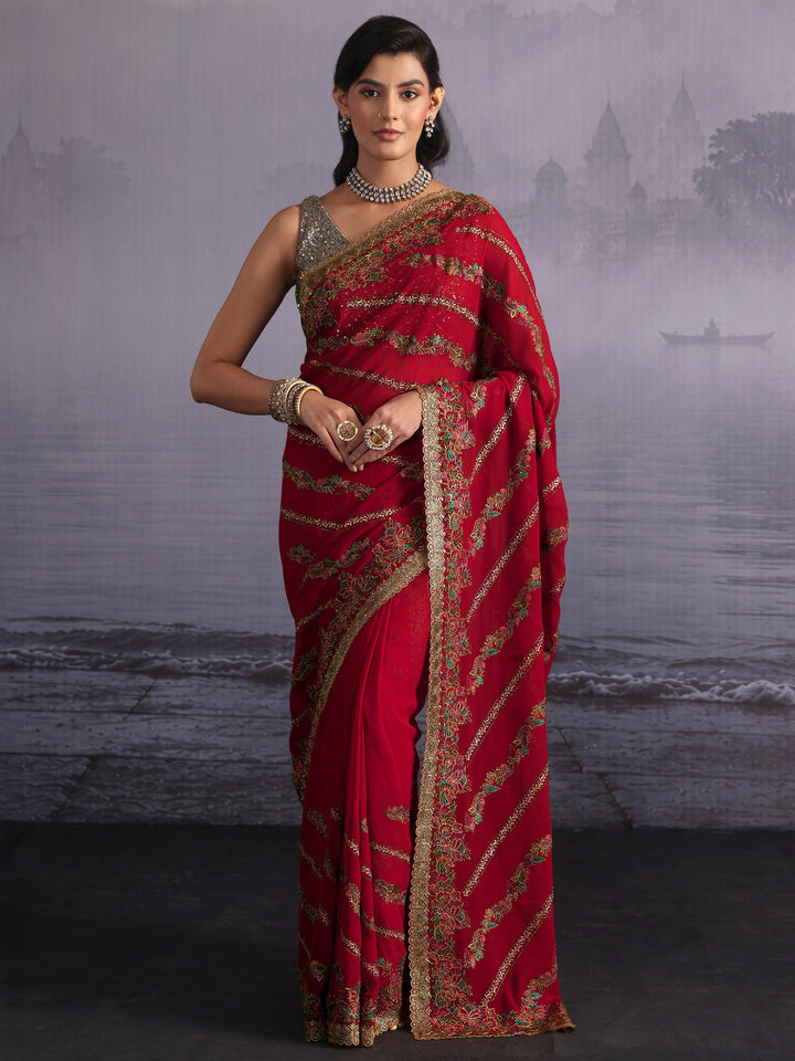 Libas Art Crimson Red Floral Embroidered Stone Work Georgette Saree