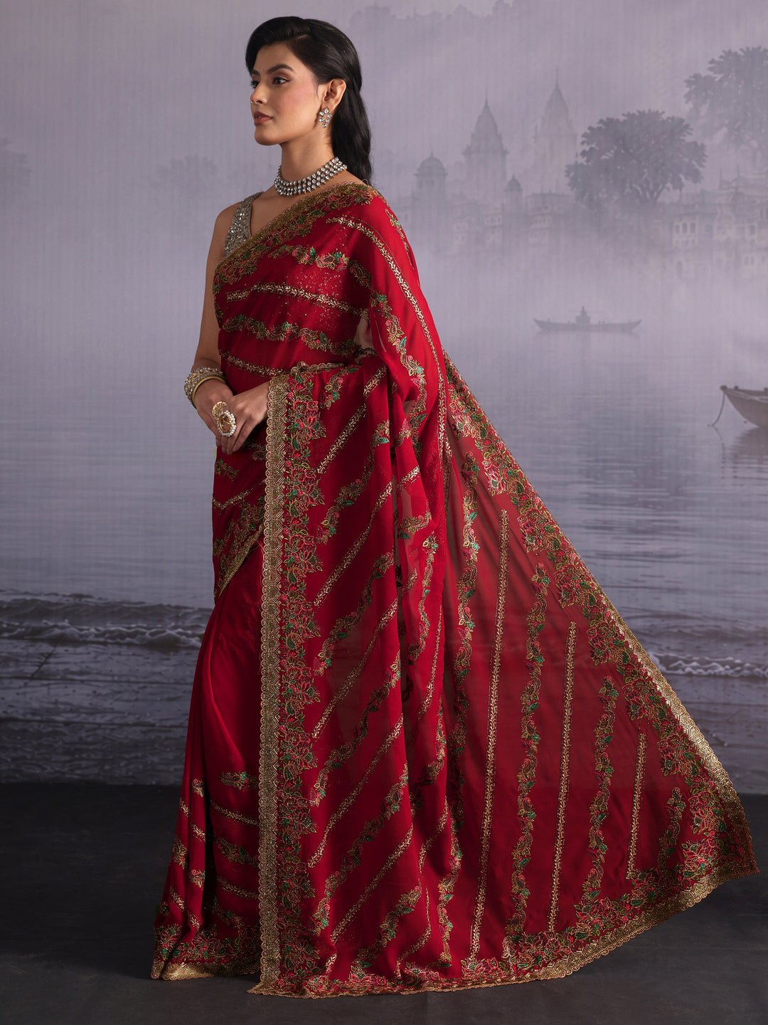 Libas Art Crimson Red Floral Embroidered Stone Work Georgette Saree