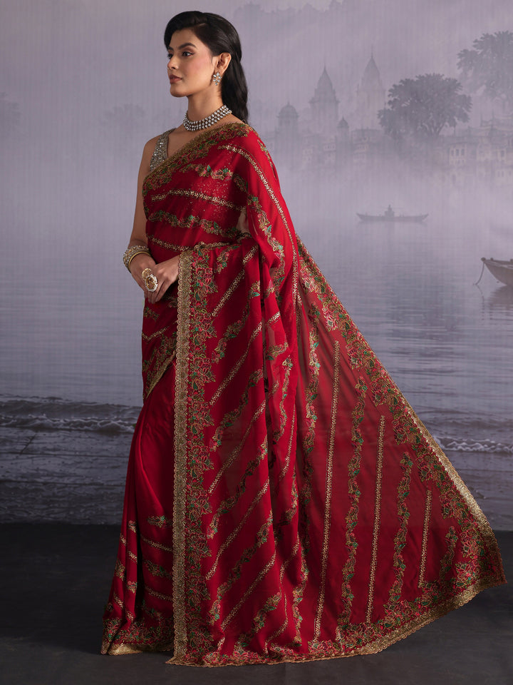 Libas Art Crimson Red Floral Embroidered Stone Work Georgette Saree