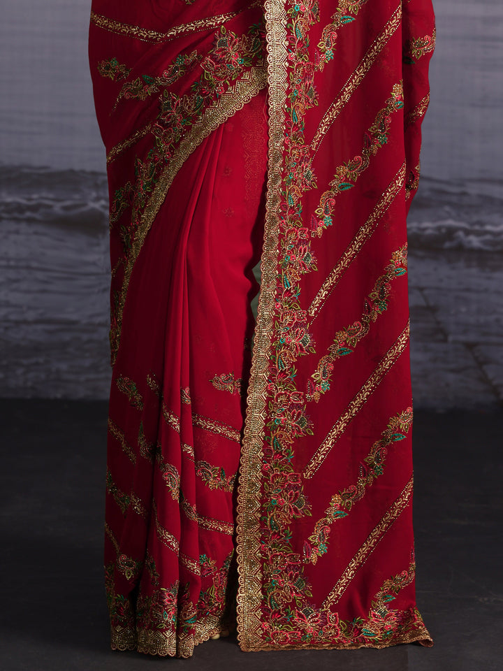 Libas Art Crimson Red Floral Embroidered Stone Work Georgette Saree
