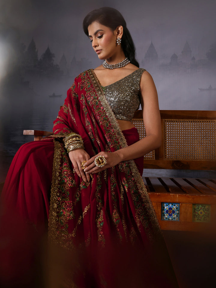 Libas Art Crimson Red Floral Embroidered Stone Work Georgette Saree