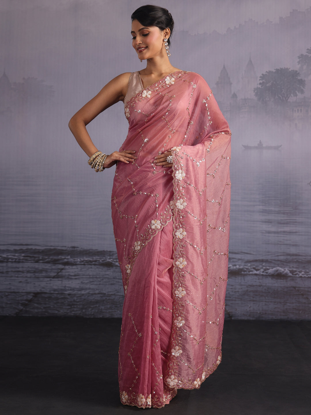 Libas Art Pink Beads and Sequin Embellished Tissue Saree