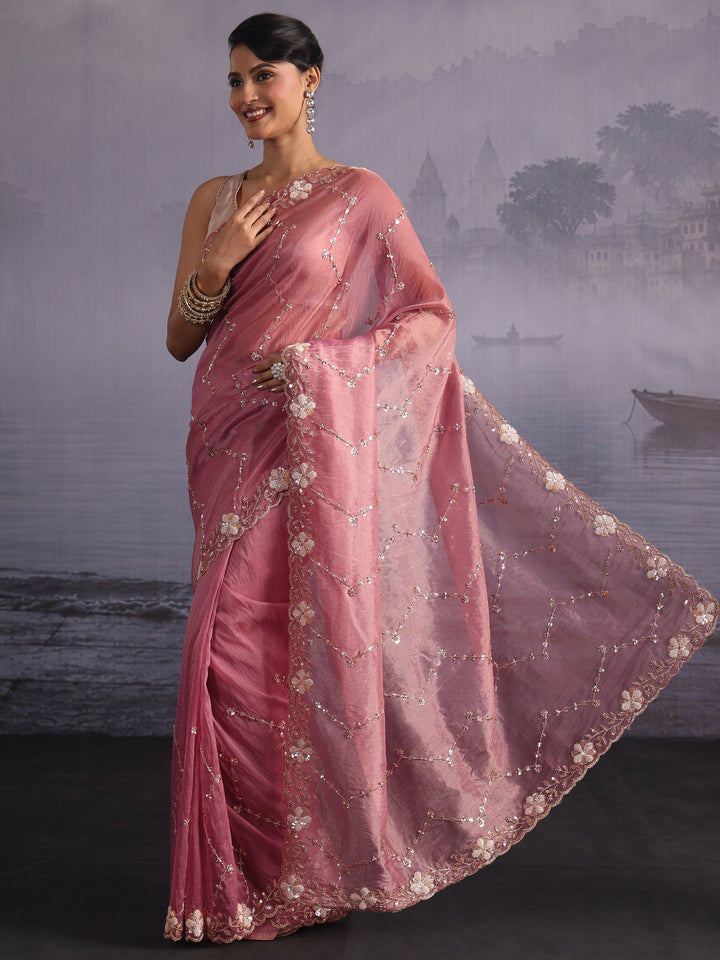 Libas Art Pink Beads and Sequin Embellished Tissue Saree