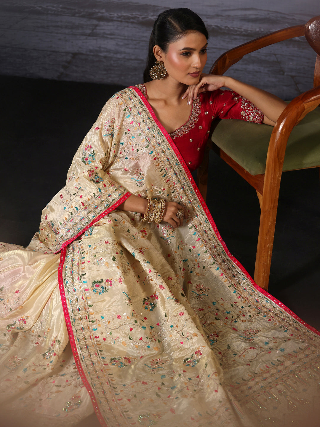 Libas Art Cream Floral Embroidered Stone Work Tissue Tassel Saree