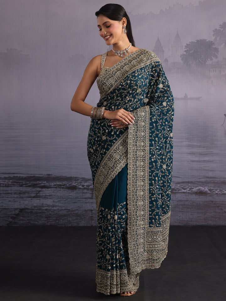 Libas Art Blue Floral Embroidered Stone Work Georgette Saree