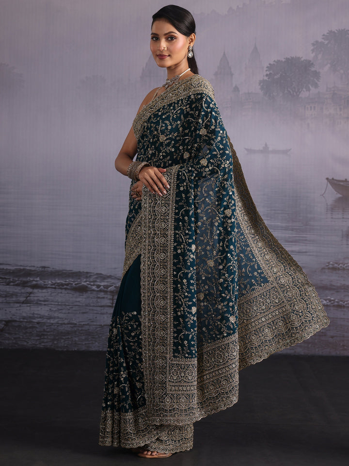 Libas Art Blue Floral Embroidered Stone Work Georgette Saree