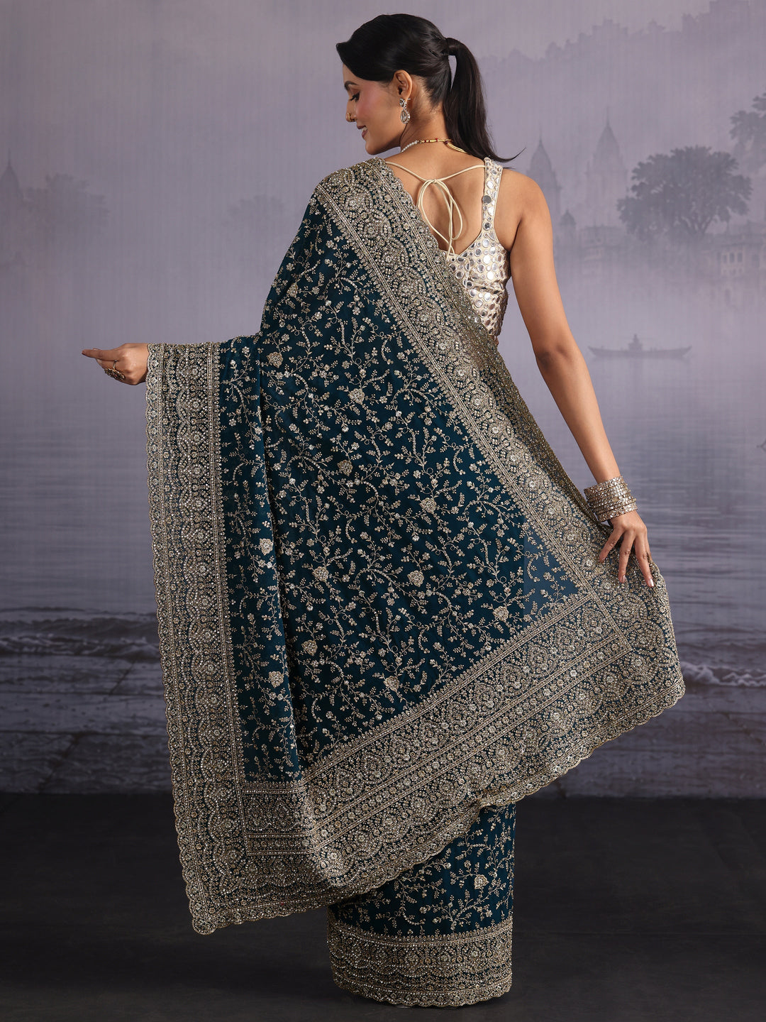 Libas Art Blue Floral Embroidered Stone Work Georgette Saree