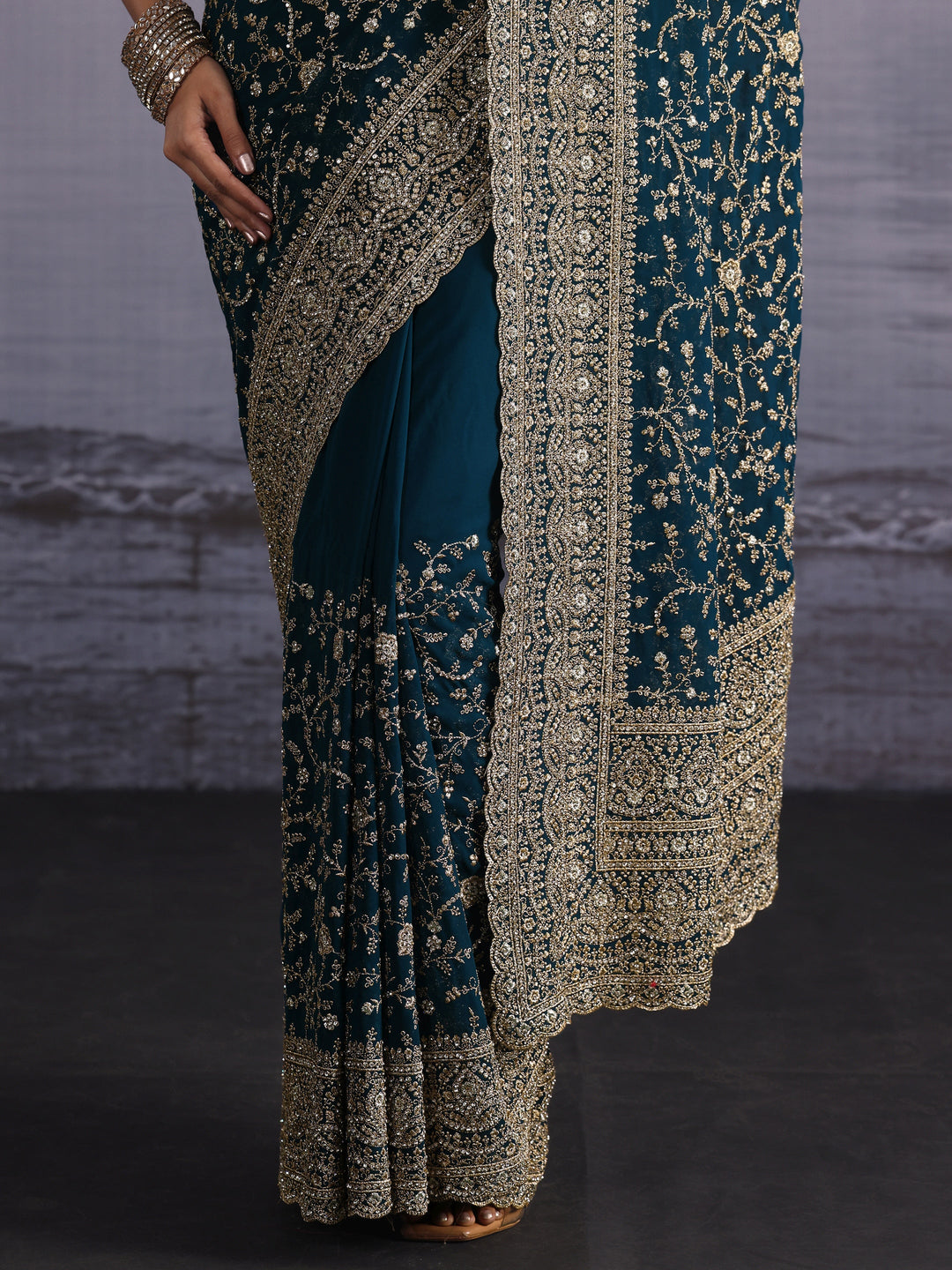 Libas Art Blue Floral Embroidered Stone Work Georgette Saree