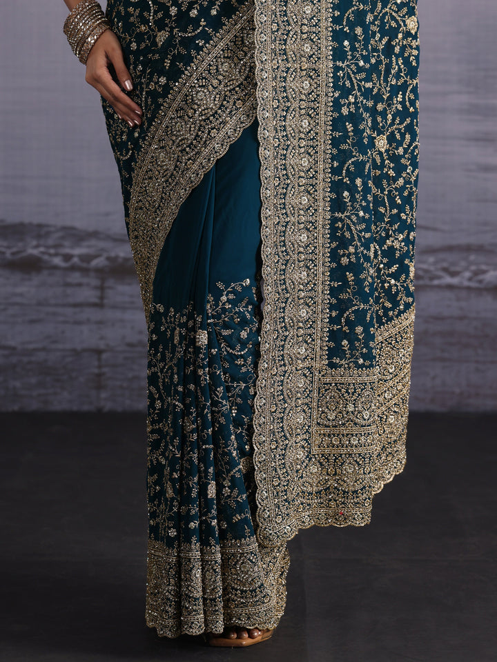Libas Art Blue Floral Embroidered Stone Work Georgette Saree