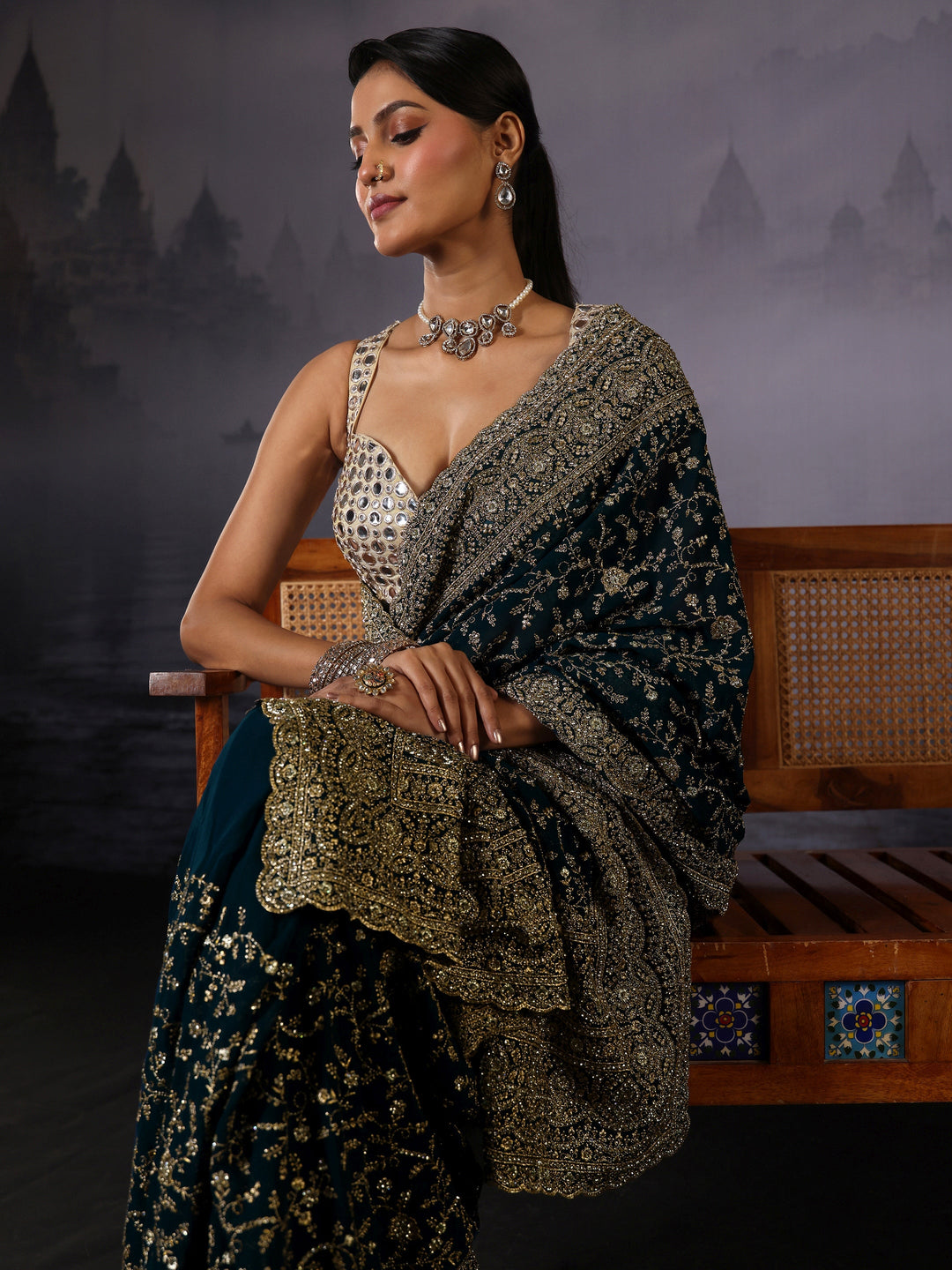 Libas Art Blue Floral Embroidered Stone Work Georgette Saree