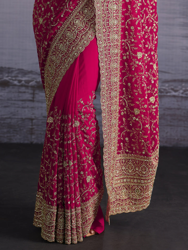 Libas Art Pink Floral Embroidered Stone Work Georgette Saree