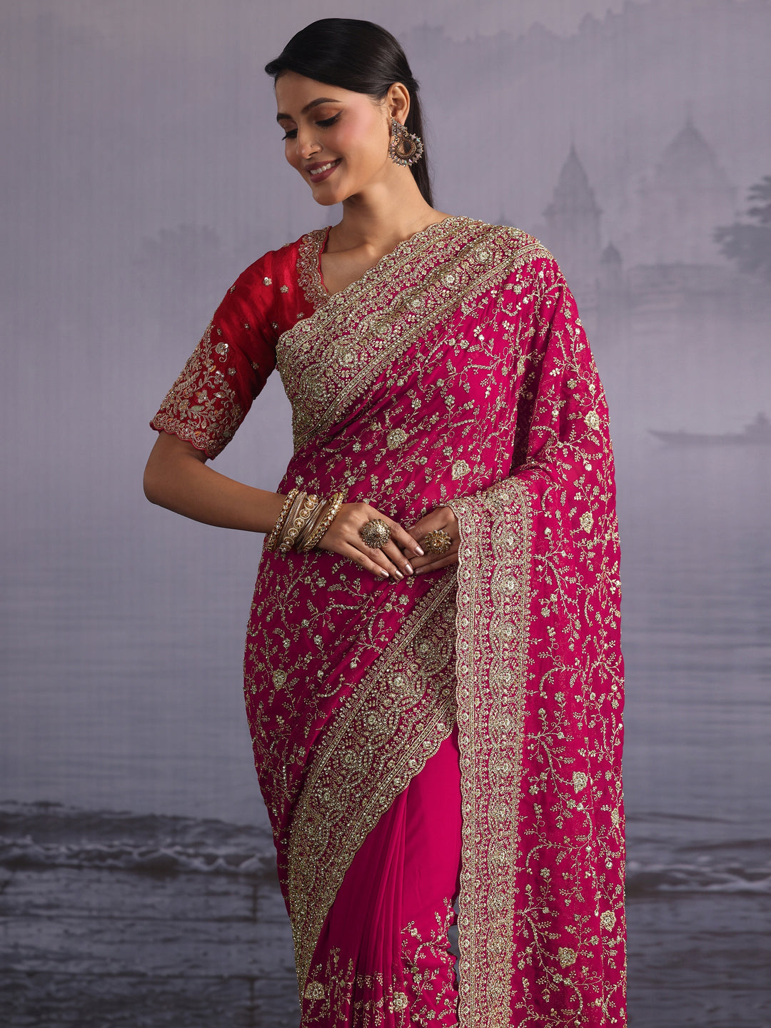 Libas Art Pink Floral Embroidered Stone Work Georgette Saree