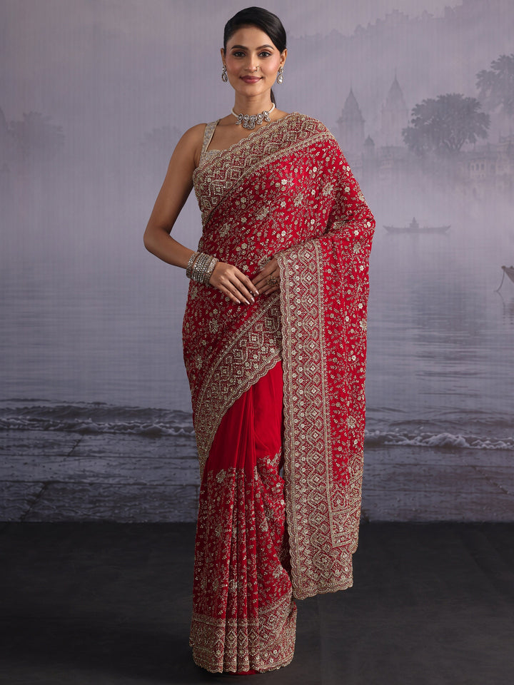 Libas Art Red Floral Embroidered Stone Work Georgette Saree
