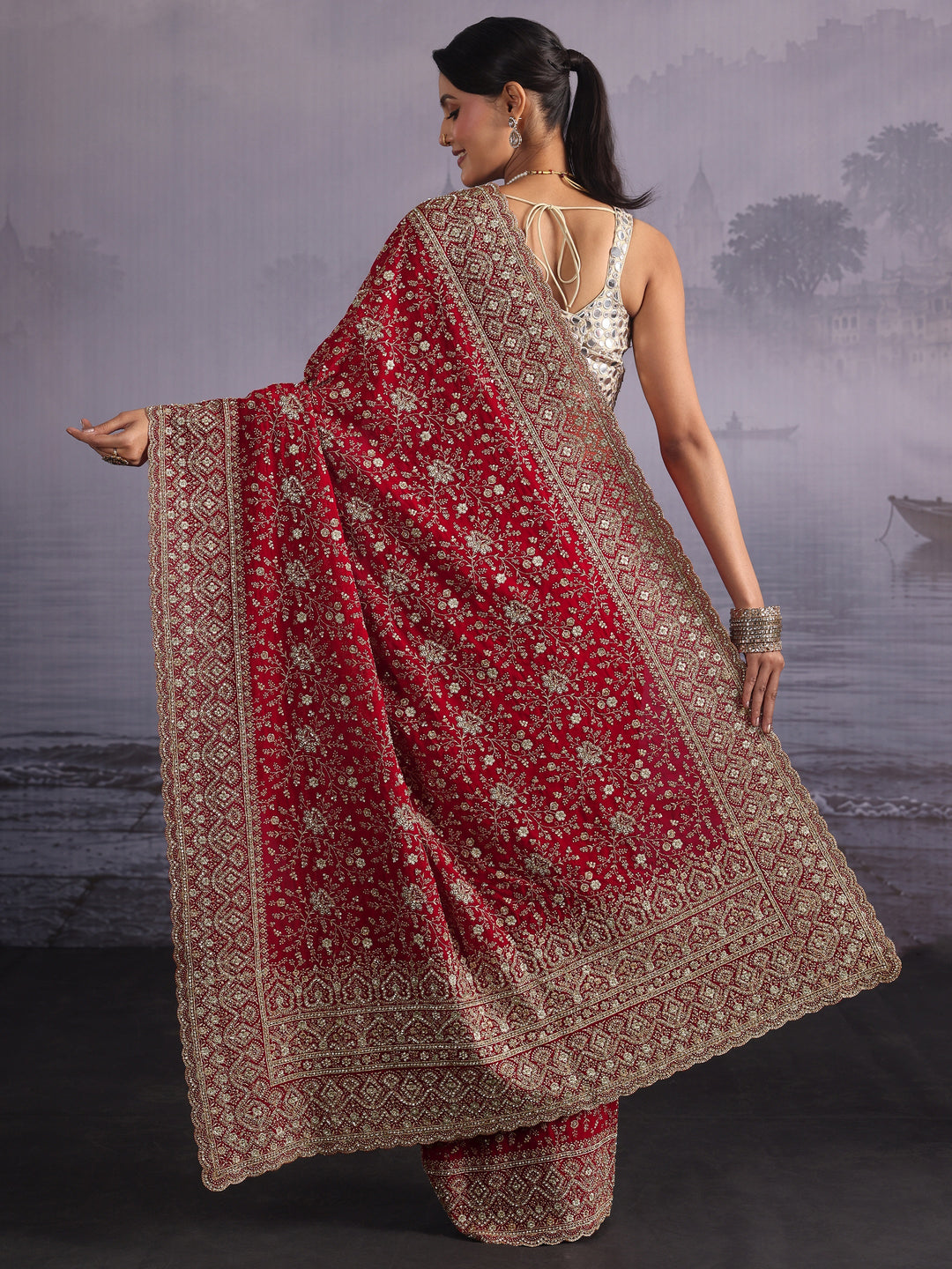 Libas Art Red Floral Embroidered Stone Work Georgette Saree
